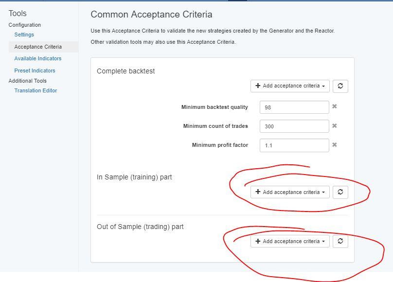 accetnace criteria in EA Studio